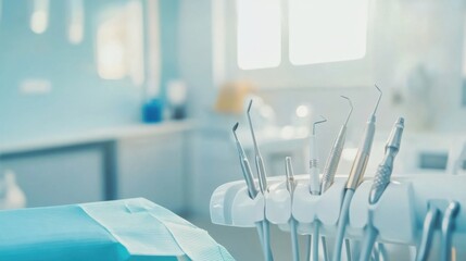 A dental hygienist performing a teeth cleaning procedure with modern tools in a well-lit dental office, with dental instruments and hygiene products visible, Precise style