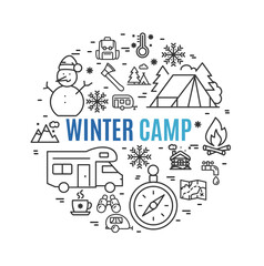 Winter Camp Sign Round Design Template Thin Line Icon Banner. Vector illustration of Seasonal Camping Tourism