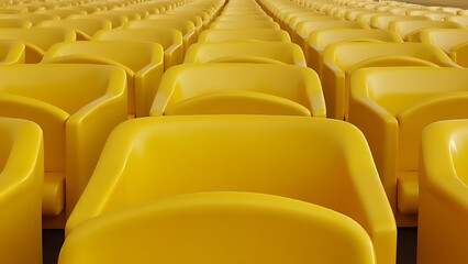 Fototapeta premium Multiple empty yellow chairs line up waiting for an upcoming large gathering of people.