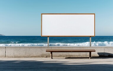 A blank billboard near a beach, with gentle waves and a clear sky, sits above a wooden bench, inviting creativity and contemplation by the water.