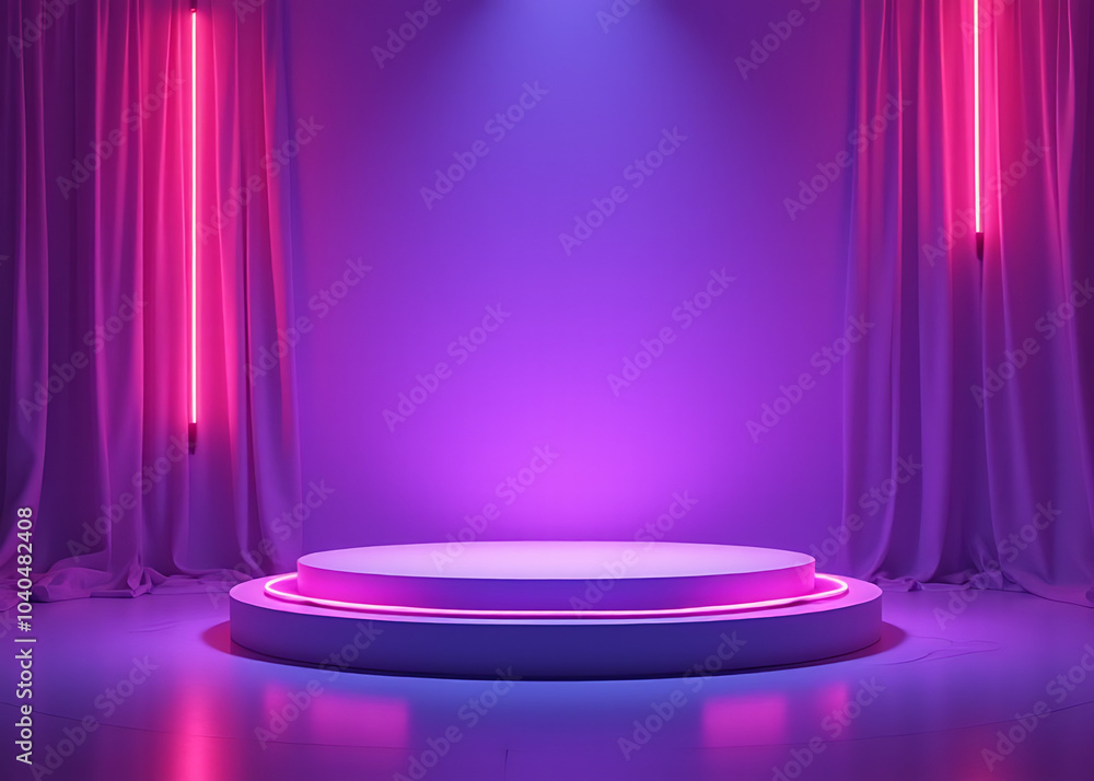 Poster Neon light stage features a purple podium for product display in generative AI design surroundings.