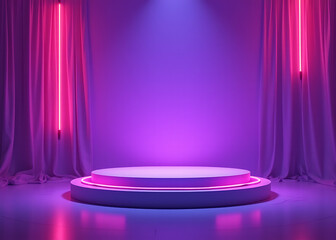 Neon light stage features a purple podium for product display in generative AI design surroundings.