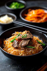Fototapeta premium Beef stir-fry with glass noodles, garnished