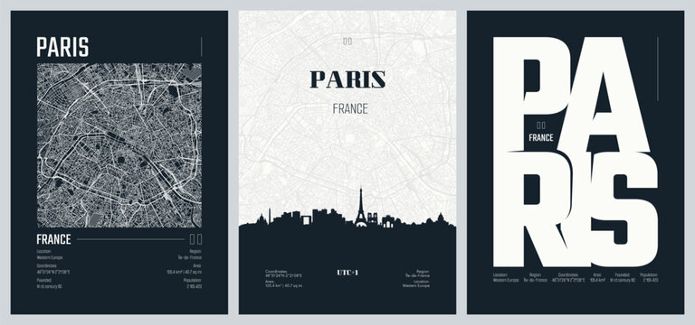 Set of travel posters with Paris, detailed urban street plan city map, Silhouette city skyline, vector artwork, set 2