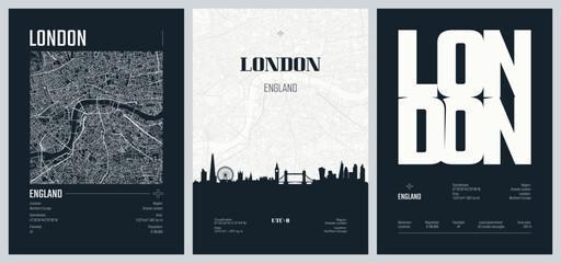 Set of travel posters with London, detailed urban street plan city map, Silhouette city skyline, vector artwork, set 2