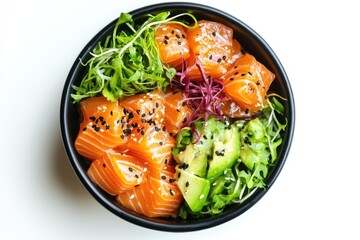 Salmon Poke Bowl Top View White Background