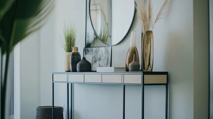 A chic, modern entryway with a stylish console table, a sleek mirror