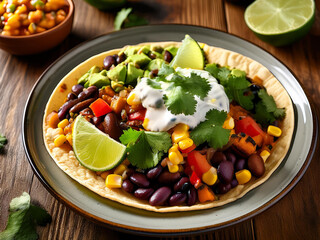 Colorful vegan tacos with black beans, corn salsa, roasted vegetables, avocado, and vegan sour cream, garnished with lime ai.