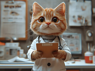 Cat doctor holding medical clipboard in veterinary office