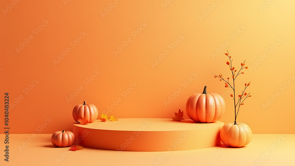 Poster orange display platform with autumn decorations sits on minimalist background for showcasing product