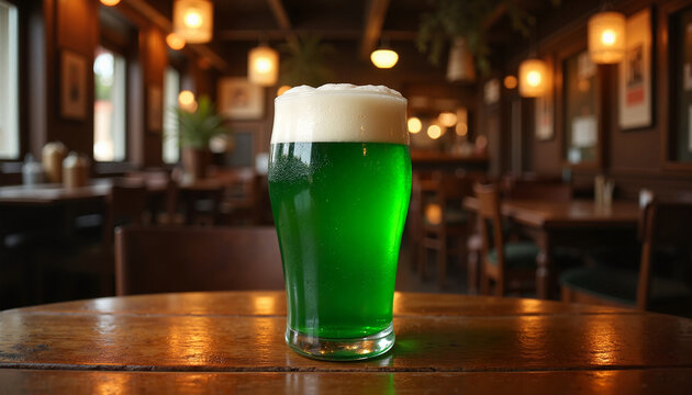  Green beer with foam in a glass on a table, st. patrick's day