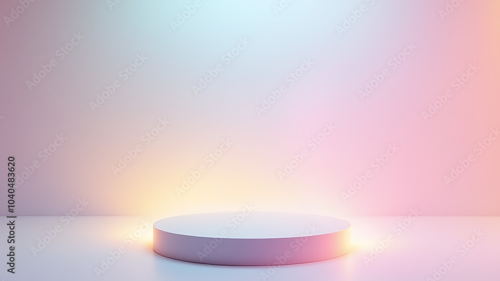 Poster pastel background showcases a minimalist podium setup with glowing neon lights in a blank, empty spa