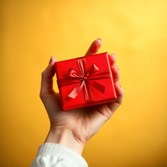 Female hand holding red gift on golden background, Christmas or New Year