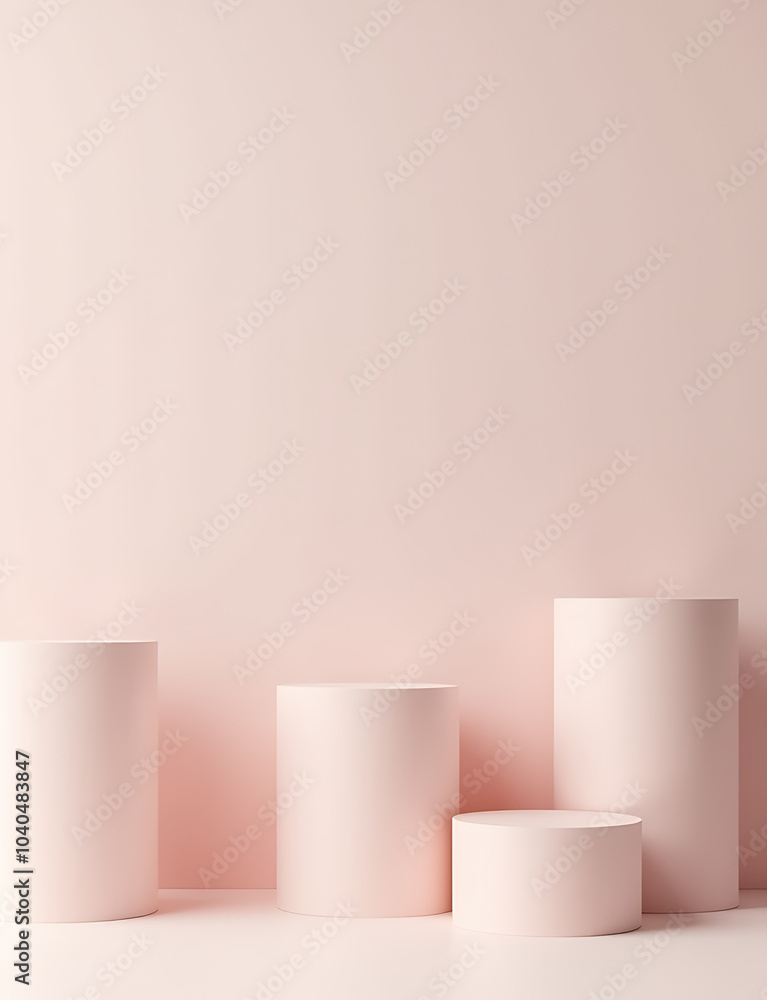 Poster Pastel background stands empty on pedestal with simple design concepts displayed on geometric cylinder shaped platforms.