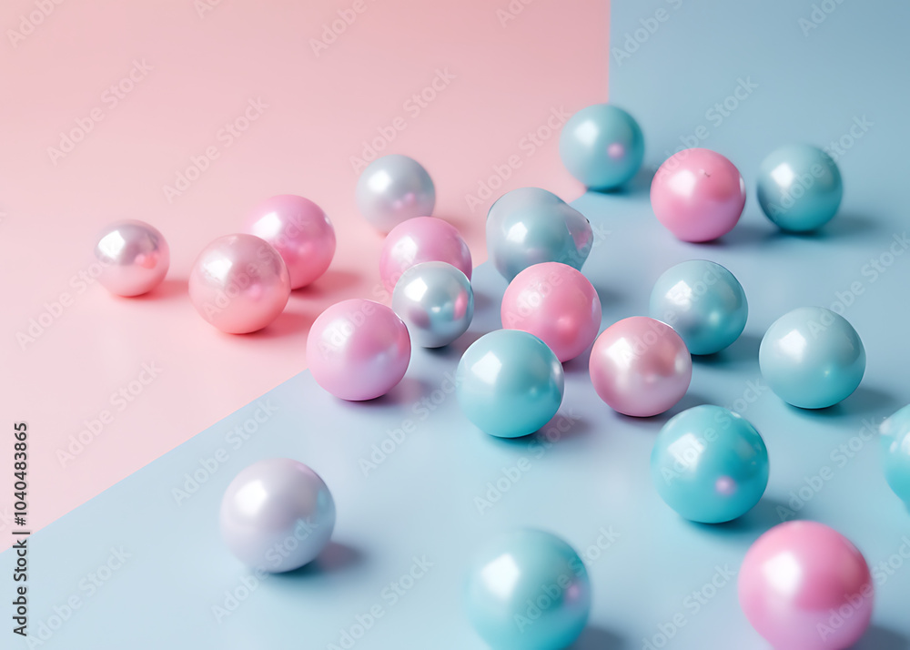 Poster Pastel pink and blue pearls scattered on a product display create a visually appealing design element.