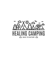 Healing Camping Sign Thin Line Icon Emblem Concept. Vector illustration of Recreation Area with Van or Trailer