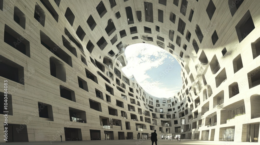 Poster a man stands before a curving concrete building with numerous windows