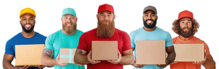 Group of diverse delivery workers holding packages, smiling confidently against a transparent background. Diverse delivery team holding packages with smiles.