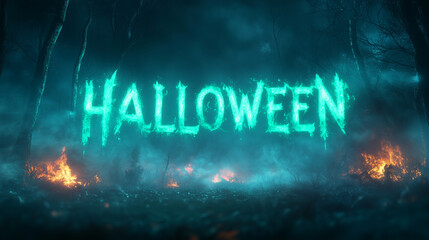 Halloween banner with lightning, clouds, text, dark theme and green