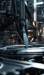 Industrial robotic arm placing a part.
