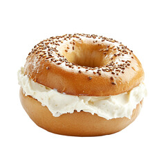 Freshly baked bagel with cream cheese, isolated.