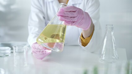 A scientist, wearing a lab coat and pink protective gloves, is holding a yellow oily liquid inside beaker in laboratory setting, close up. Medicine and science