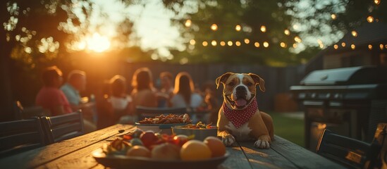 Dog at a backyard dinner party with a group of people in the background.