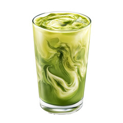 Glass of iced matcha latte with milk swirl, isolated.