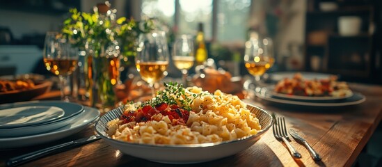 Pasta dish on a table setting with wine glasses.