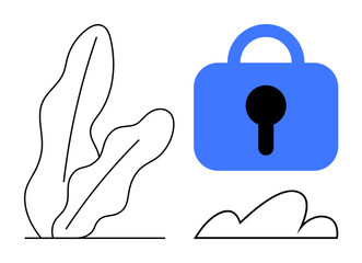 Blue lock symbol, clean black outline of leaves and bushes. Ideal for online security concepts, data protection, nature integration, minimalism, and digital design elements. Simple style