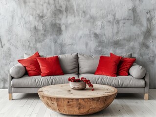 A spacious living room with a gray couch, red accent pillows, real branches in vase, and a round wooden coffee table on a minimalist backdrop