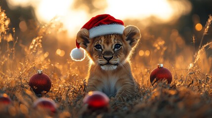 Cute lion cub wearing a Santa hat sitting on grass surrounded by holiday ornaments during sunset