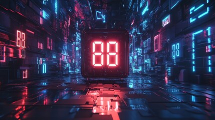 Glowing red digital display showing the number 88, surrounded by a futuristic, neon-lit cityscape