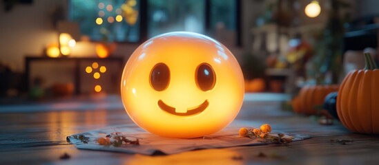 Smiling Jack-o'-lantern glowing in a dark room with pumpkins in the background.