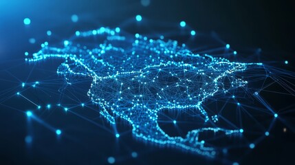 A 3D network map of the unreal country, covered in glowing mesh lines and point clusters on a modern blue background 