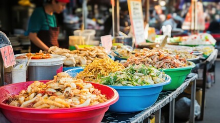 A collection of colorful street food stalls at a bustling market, Culinary diversity theme, Vibrant style