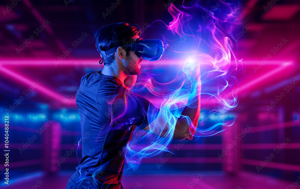 Poster man wearing vr glass and smashing or punching at camera in neon boxing arena. sport gamer boxing and