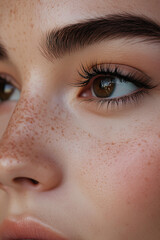 Obraz premium close-up of the face, with clear skin and dark brown eyes, and light freckles on the nose, showcasing natural makeup and soft lighting. The focus is sharp, highlighting every detail from the eyelashes
