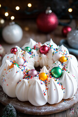 meringue wreath cake, with eatable Christmas baubles on top of the wreath and colorful sprinkles around it. The whole is covered in white meringue sheeting, and placed against a wooden table
