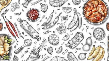 Thai cuisine hand-drawn seamless pattern with sketches of spicy seafood salad, chicken green curry, and coconut soup. Vector isolated on white background for cafe decor