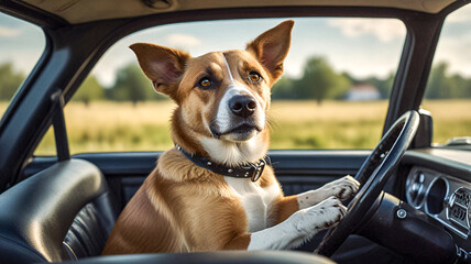 Dog holding steering wheel driving a car