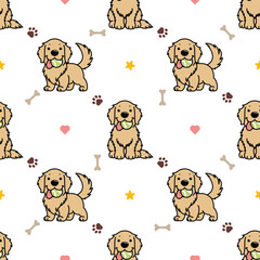 Fototapeta premium Cute golden retriever with tennis ball cartoon seamless pattern, vector illustration