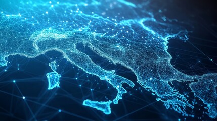 A 3D network map of the unreal country, covered in glowing mesh lines and point clusters on a modern blue background 