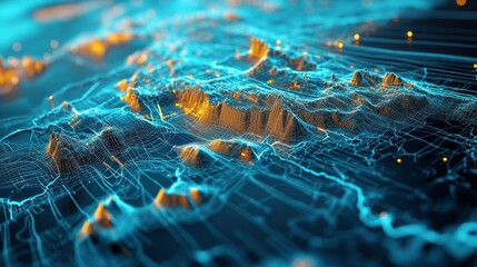 A 3D network map of the unreal country, covered in glowing mesh lines and point clusters on a modern blue background 