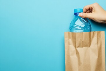 A hand lifts a small plastic bottle from a brown paper bag, set against a blue background, evoking imagery of responsible consumption and environmental mindfulness.
