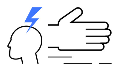 Head outline with lightning bolt emphasizes sudden ideas fast-moving hand depicts speed. Minimalist art style Ideal for technology inspiration innovation creativity efficiency dynamic actions