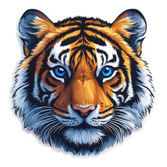 Fototapeta premium Vibrant illustrated tiger face with striking blue eyes and intricate fur patterns.