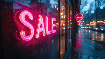 A bright neon sale sign glowing in an urban shopping area, attracting attention with its vibrant colors.