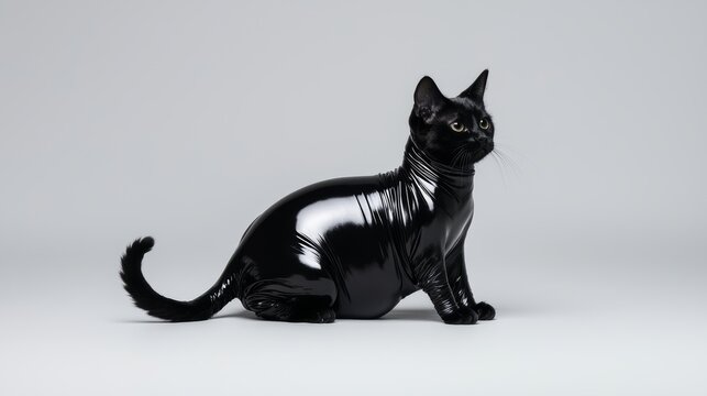 A cat in a form-fitting black leather bodysuit, lounging elegantly against a background that fades from deep slate grey to jet black.