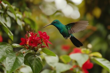 Fototapeta premium Hummingbird flying and approaching a red flower